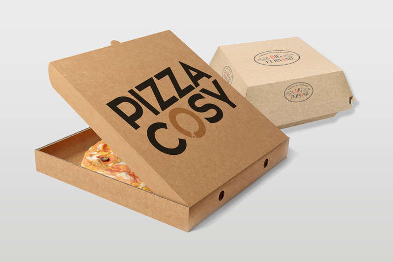 packaging personnalisé alimentaire : boîte de pizza et de burger