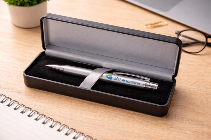 Stylo publicitaire en métal dans un étui personnalisé